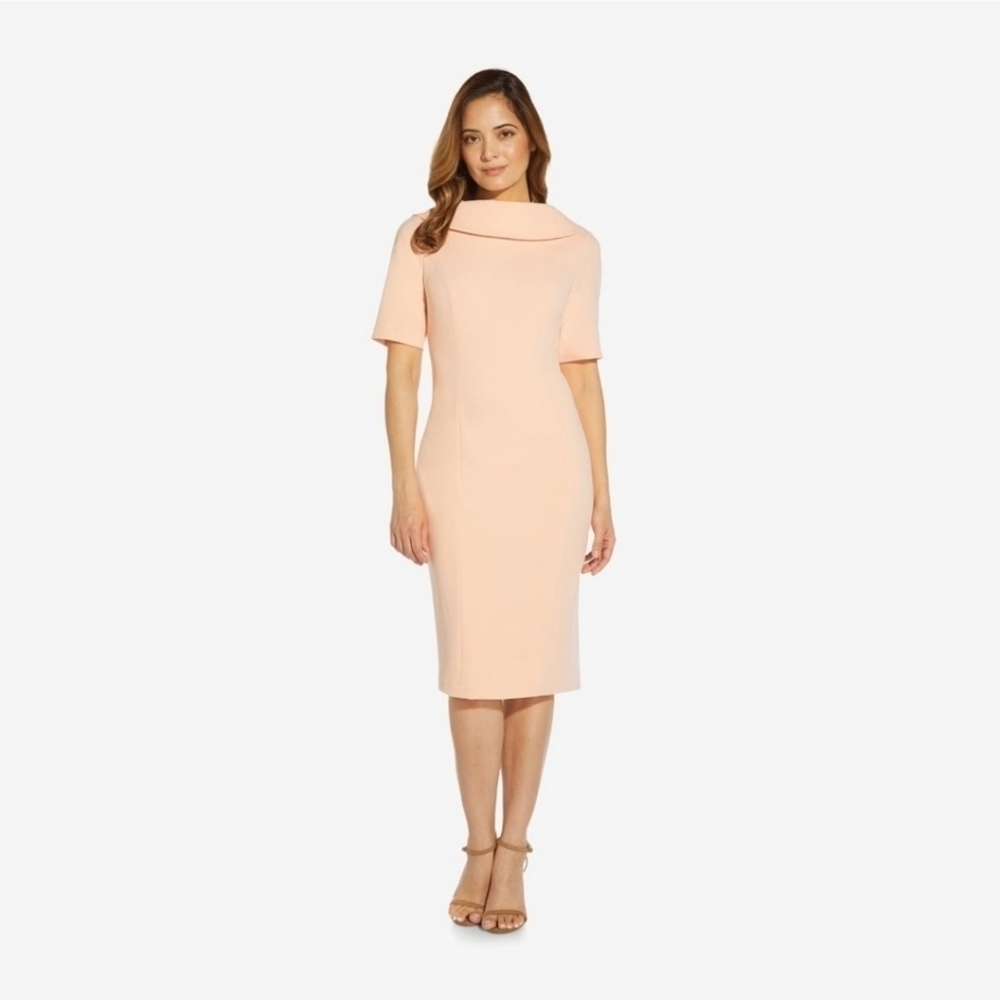 Adrianna Papell Short Sleeve Crepe Dress With Rolled Neck in Blush Size 8